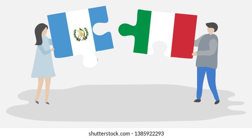 Couple holding two puzzles pieces with Guatemalan and Italian flags. Guatemala and Italy national symbols together.