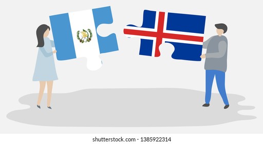 Couple holding two puzzles pieces with Guatemalan and Icelandic flags. Guatemala and Iceland national symbols together.