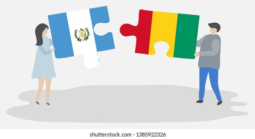 Couple holding two puzzles pieces with Guatemalan and Guinean flags. Guatemala and Guinea national symbols together.