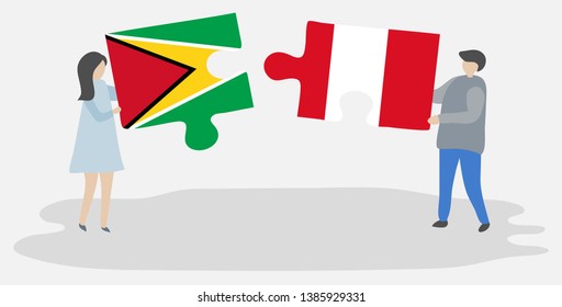 Couple holding two puzzles pieces with Guyanese and Peruvian flags. Guyana and Peru national symbols together.