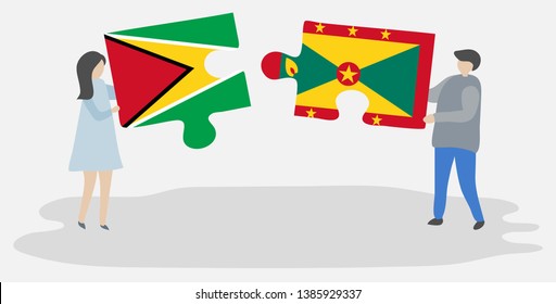 Couple holding two puzzles pieces with Guyanese and Grenadian flags. Guyana and Grenada national symbols together.