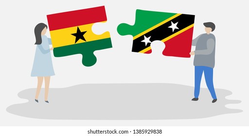 Couple holding two puzzles pieces with Ghanaian and Kittitian flags. Ghana and Saint Kitts and Nevis national symbols together.