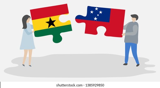 Couple Holding Two Puzzles Pieces With Ghanaian And Samoan Flags. Ghana And Samoa National Symbols Together.