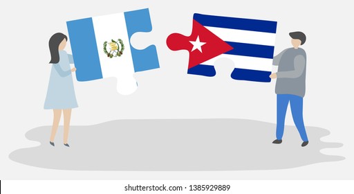 Couple holding two puzzles pieces with Guatemalan and Cuban flags. Guatemala and Cuba national symbols together.