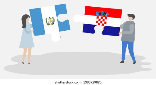 Couple holding two puzzles pieces with Guatemalan and Croatian flags. Guatemala and Croatia national symbols together.