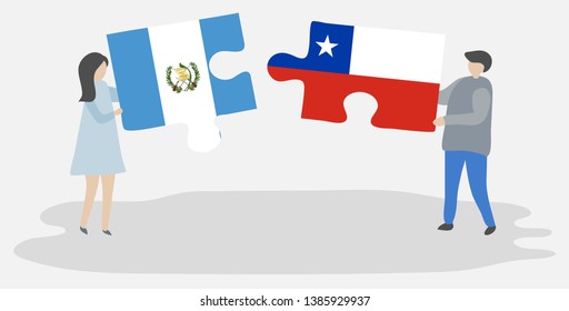 Couple holding two puzzles pieces with Guatemalan and Chilean flags. Guatemala and Chile national symbols together.