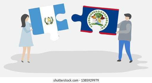 Couple holding two puzzles pieces with Guatemalan and Belizean flags. Guatemala and Belize national symbols together.