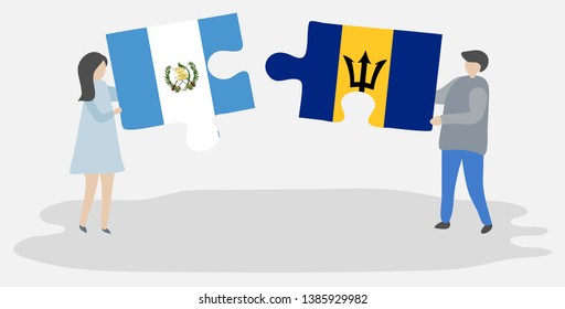 Couple holding two puzzles pieces with Guatemalan and Barbadian flags. Guatemala and Barbados national symbols together.