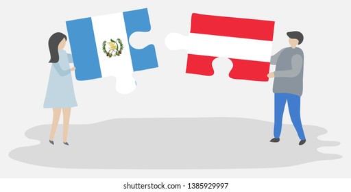 Couple holding two puzzles pieces with Guatemalan and Austrian flags. Guatemala and Austria national symbols together.