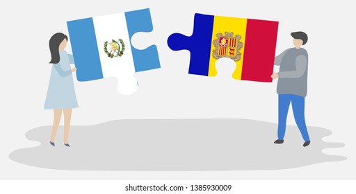 Couple holding two puzzles pieces with Guatemalan and Andorran flags. Guatemala and Andorra national symbols together.