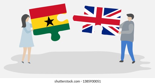 Couple holding two puzzles pieces with Ghanaian and British flags. Ghana and United Kingdom national symbols together.