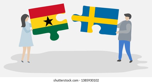 Couple holding two puzzles pieces with Ghanaian and Swedish flags. Ghana and Sweden national symbols together.