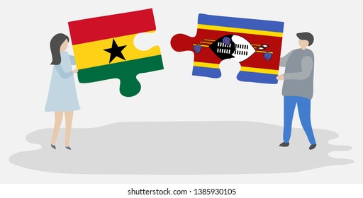 Couple holding two puzzles pieces with Ghanaian and Swazi flags. Ghana and Swaziland national symbols together.