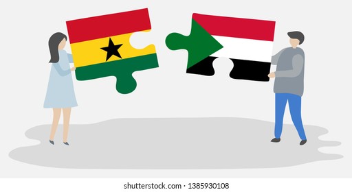 Couple holding two puzzles pieces with Ghanaian and Sudanese flags. Ghana and Sudan national symbols together.