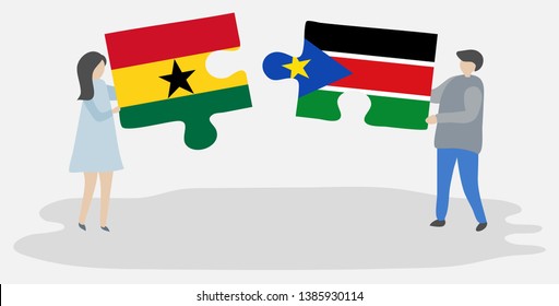 Couple holding two puzzles pieces with Ghanaian and South Sudanese flags. Ghana and South Sudan national symbols together.