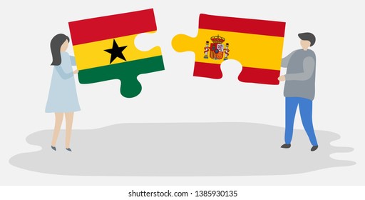 Couple holding two puzzles pieces with Ghanaian and Spanish flags. Ghana and Spain national symbols together.