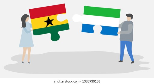 Couple holding two puzzles pieces with Ghanaian and Sierra Leonean flags. Ghana and Sierra Leone national symbols together.