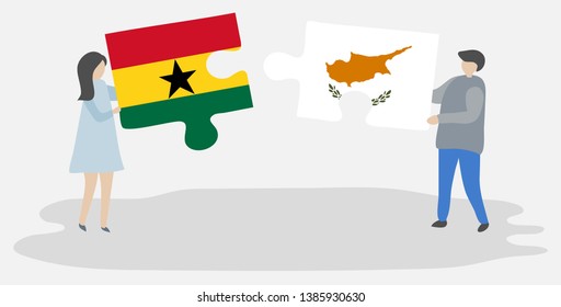 Couple holding two puzzles pieces with Ghanaian and Cypriot flags. Ghana and Cyprus national symbols together.