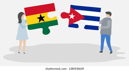 Couple holding two puzzles pieces with Ghanaian and Cuban flags. Ghana and Cuba national symbols together.