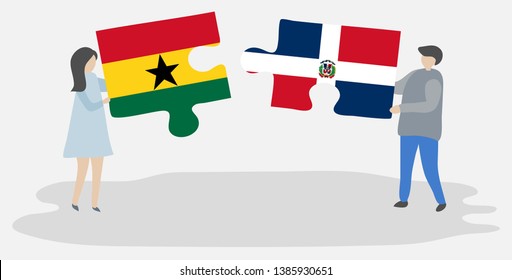 Couple holding two puzzles pieces with Ghanaian and Dominican flags. Ghana and Dominican Republic national symbols together.