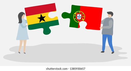 Couple holding two puzzles pieces with Ghanaian and Portuguese flags. Ghana and Portugal national symbols together.