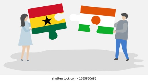 Couple holding two puzzles pieces with Ghanaian and Nigerien flags. Ghana and Niger national symbols together.