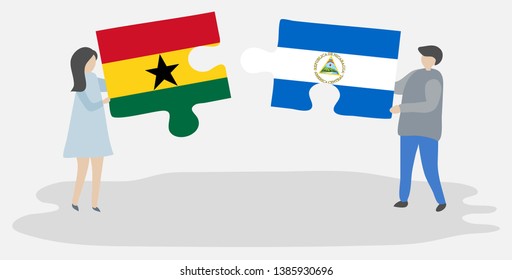 Couple holding two puzzles pieces with Ghanaian and Nicaraguan flags. Ghana and Nicaragua national symbols together.