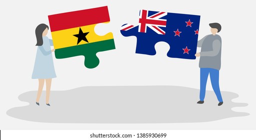 Couple holding two puzzles pieces with Ghanaian and NZ flags. Ghana and New Zealand national symbols together.
