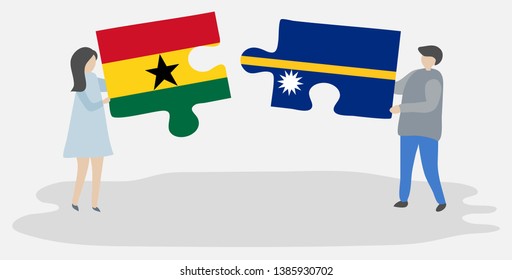 Couple holding two puzzles pieces with Ghanaian and Nauruan flags. Ghana and Nauru national symbols together.