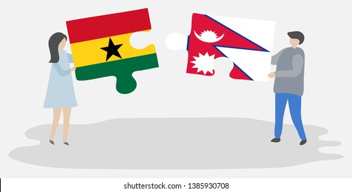 Couple holding two puzzles pieces with Ghanaian and Nepalese flags. Ghana and Nepal national symbols together.