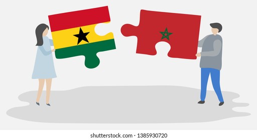 Couple holding two puzzles pieces with Ghanaian and Moroccan flags. Ghana and Morocco national symbols together.