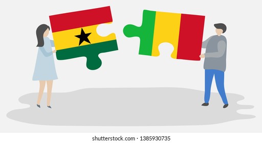 Couple holding two puzzles pieces with Ghanaian and Malian flags. Ghana and Mali national symbols together.