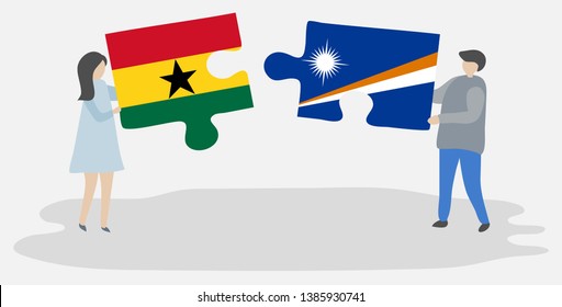 Couple holding two puzzles pieces with Ghanaian and Marshallese flags. Ghana and Marshall Islands national symbols together.
