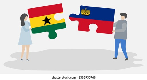 Couple holding two puzzles pieces with Ghanaian and Liechtenstein flags. Ghana and Liechtenstein national symbols together.