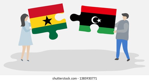Couple holding two puzzles pieces with Ghanaian and Libyan flags. Ghana and Libya national symbols together.
