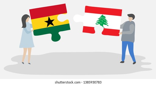Couple holding two puzzles pieces with Ghanaian and Lebanese flags. Ghana and Lebanon national symbols together.