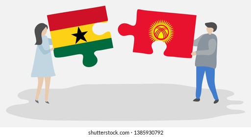 Couple holding two puzzles pieces with Ghanaian and Kirgiz flags. Ghana and Kyrgyzstan national symbols together.