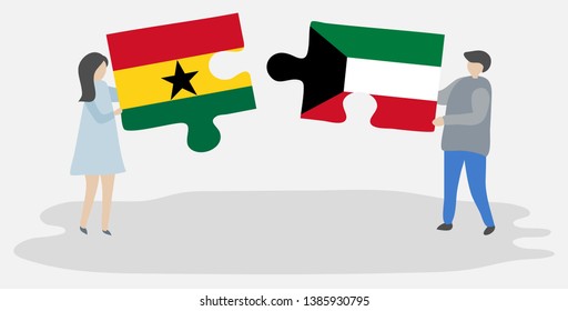 Couple holding two puzzles pieces with Ghanaian and Kuwaiti flags. Ghana and Kuwait national symbols together.