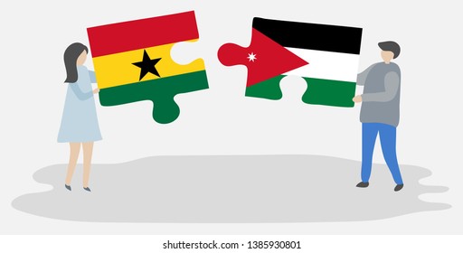 Couple holding two puzzles pieces with Ghanaian and Jordanian flags. Ghana and Jordan national symbols together.