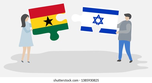 Couple holding two puzzles pieces with Ghanaian and Israeli flags. Ghana and Israel national symbols together.