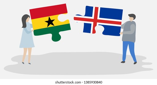 Couple holding two puzzles pieces with Ghanaian and Icelandic flags. Ghana and Iceland national symbols together.