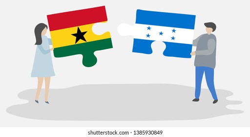 Couple holding two puzzles pieces with Ghanaian and Honduran flags. Ghana and Honduras national symbols together.