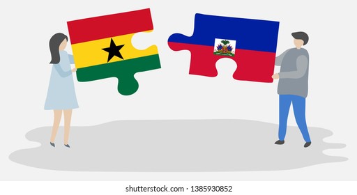 Couple holding two puzzles pieces with Ghanaian and Haitian flags. Ghana and Haiti national symbols together.