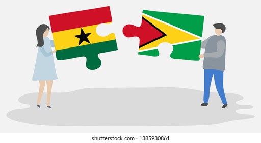 Couple holding two puzzles pieces with Ghanaian and Guyanese flags. Ghana and Guyana national symbols together.