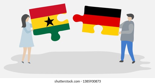 Couple holding two puzzles pieces with Ghanaian and German flags. Ghana and Germany national symbols together.