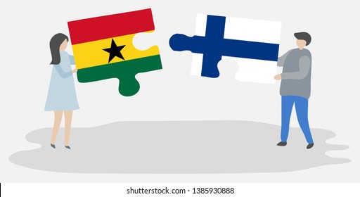 Couple holding two puzzles pieces with Ghanaian and Finnish flags. Ghana and Finland national symbols together.