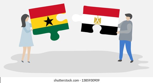 Couple holding two puzzles pieces with Ghanaian and Egyptian flags. Ghana and Egypt national symbols together.