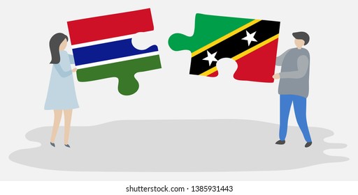 Couple holding two puzzles pieces with Gambian and Kittitian flags. Gambia and Saint Kitts and Nevis national symbols together.