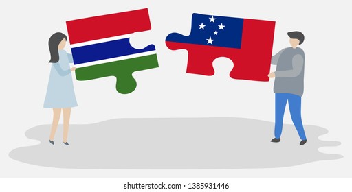 Couple Holding Two Puzzles Pieces With Gambian And Samoan Flags. Gambia And Samoa National Symbols Together.