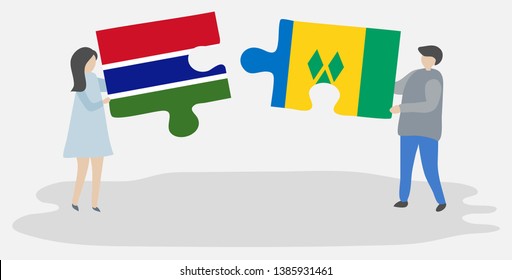 Couple holding two puzzles pieces with Gambian and Vincentian flags. Gambia and Saint Vincent and the Grenadines national symbols together.